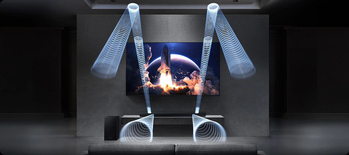 Samsung HW-Q600H &mdash; схема распространения звуковых волн в комнате с отражением от потолка через верхние излучатели