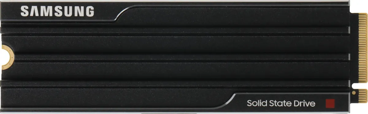 Samsung 9100 PRO Black 4 ТБ M.2 NVMe вид сверху с золотыми контактами и логотипом