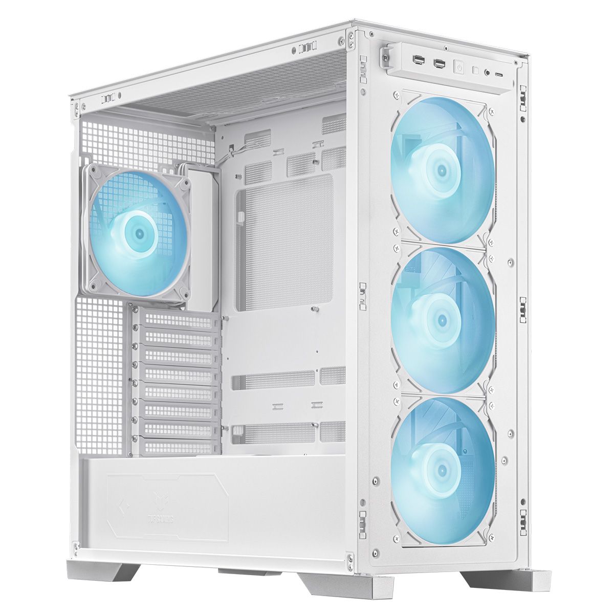 ASUS TUF Gaming GT302 ARGB — вид сбоку с открытой панелью, внутренняя компоновка: четыре вентилятора