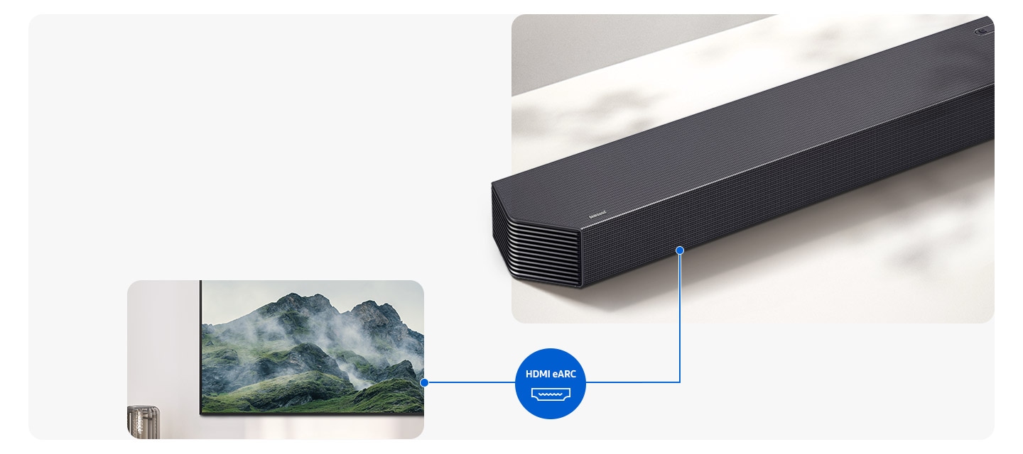 Samsung HW-Q930F/RU — подключение HDMI eARC к телевизору, компактный дизайн с рифлёной панелью