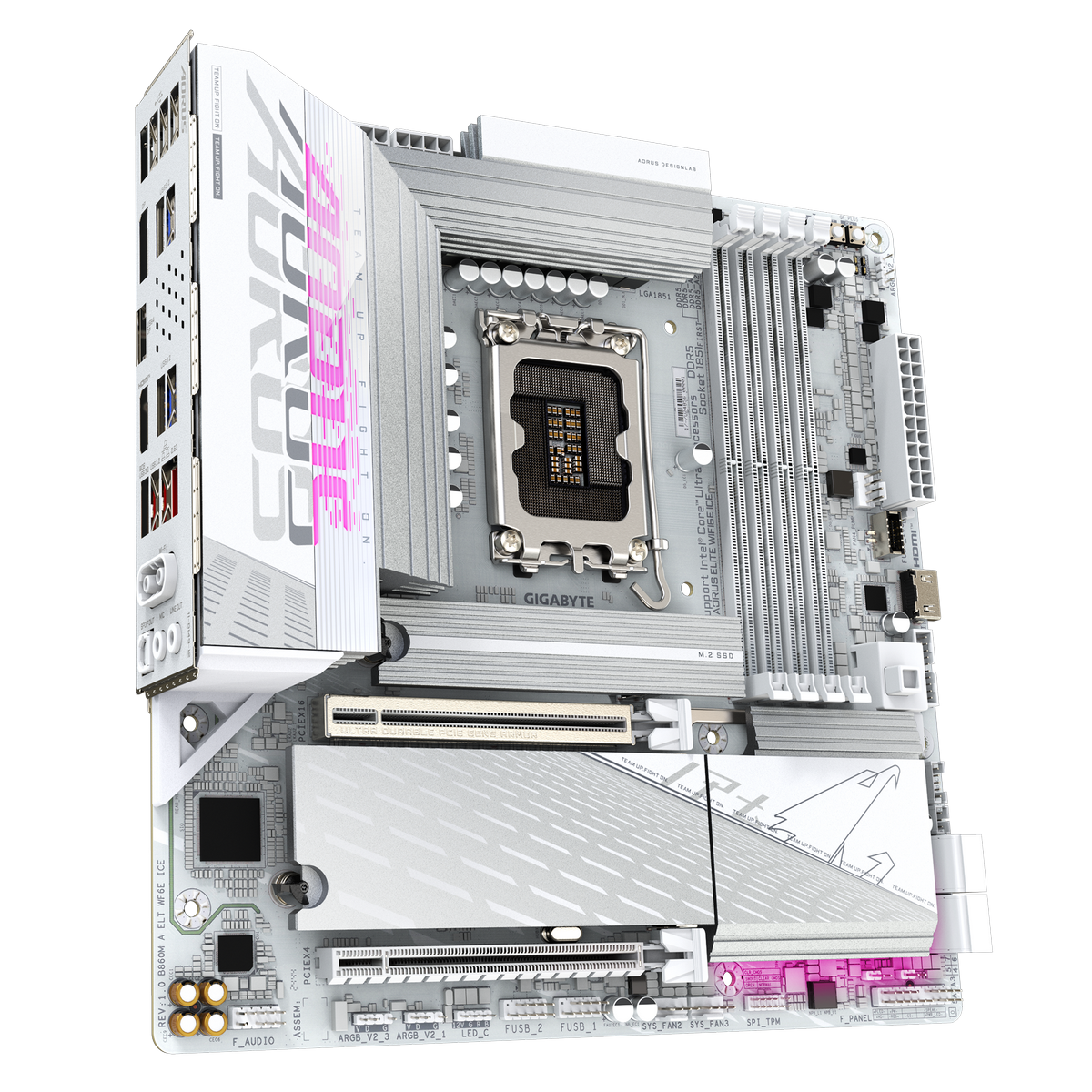 Gigabyte B860M Aorus Elite WiFi6E компоновка PCIe слоты памяти DDR5 вид сверху