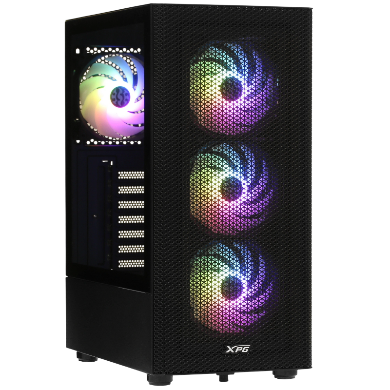 ADATA XPG VALOR MESH C черный вид спереди с тремя ARGB вентиляторами и боковым стеклом