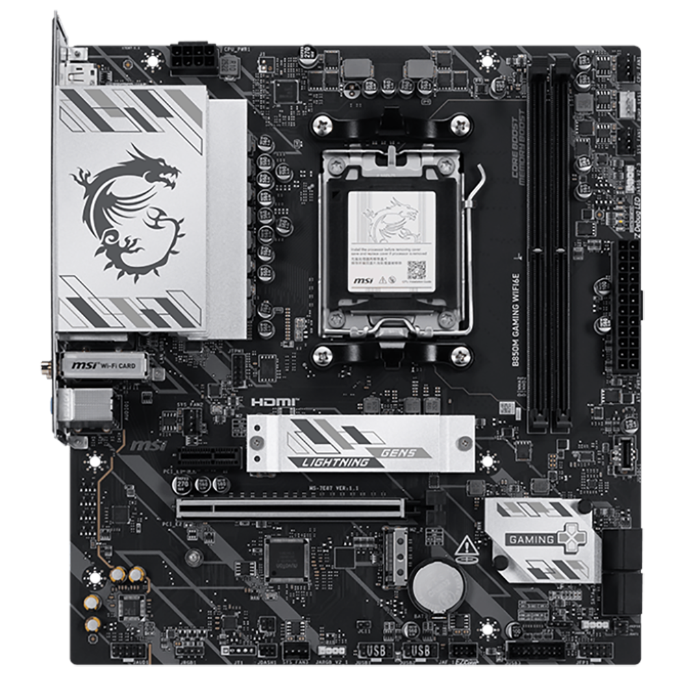 MSI B850M Gaming WiFi6E вид сверху — процессорный сокет AM5, слоты DDR5 и разъёмы M.2