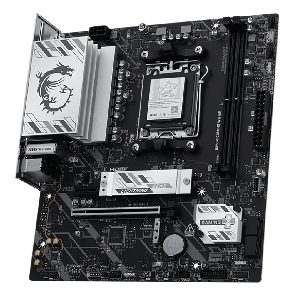 MSI B850M Gaming WiFi6E изометрический вид — слоты расширения, задняя I/O панель и компоновка платы mATX