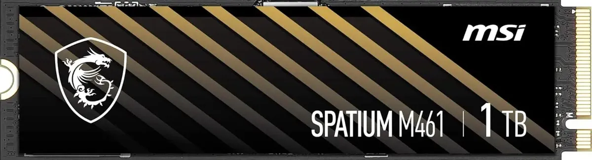 MSI Spatium M461 1TB M.2 2280 вид сверху — чёрный корпус с золотыми диагональными полосками