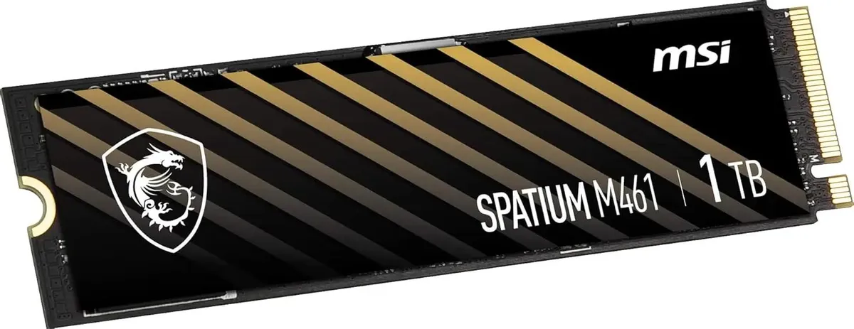 MSI Spatium M461 1TB фронтальный вид — логотип MSI, маркировка 1TB и золотые разъёмы