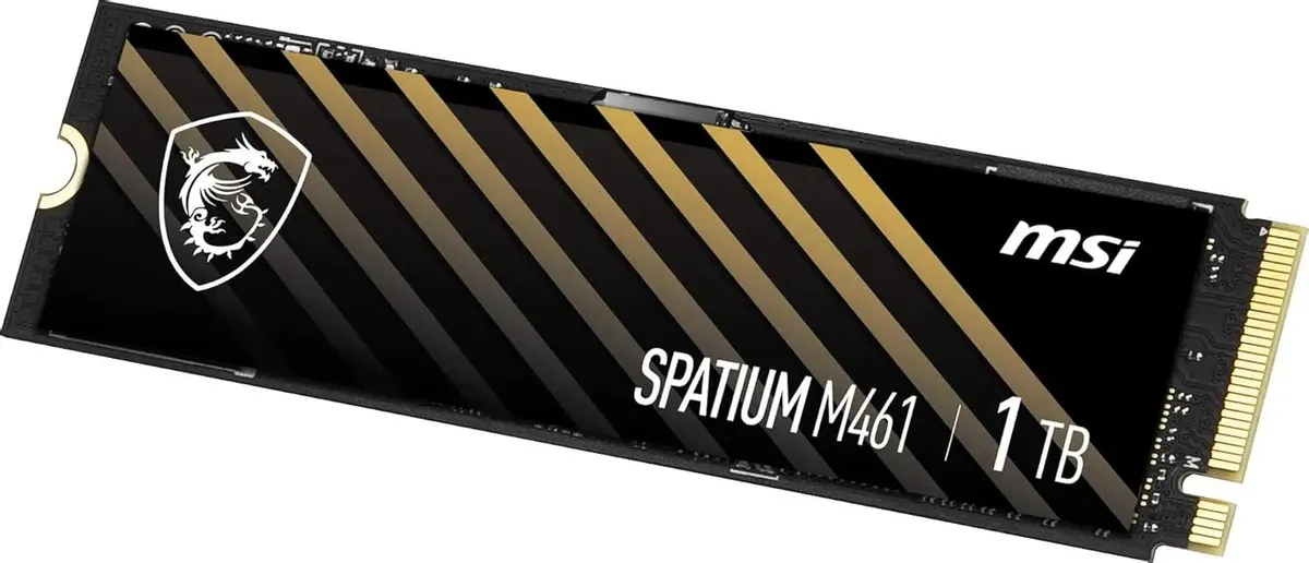 MSI Spatium M461 1TB низкий угол обзора — форм-фактор M.2, диагональный дизайн и контакты ключа M