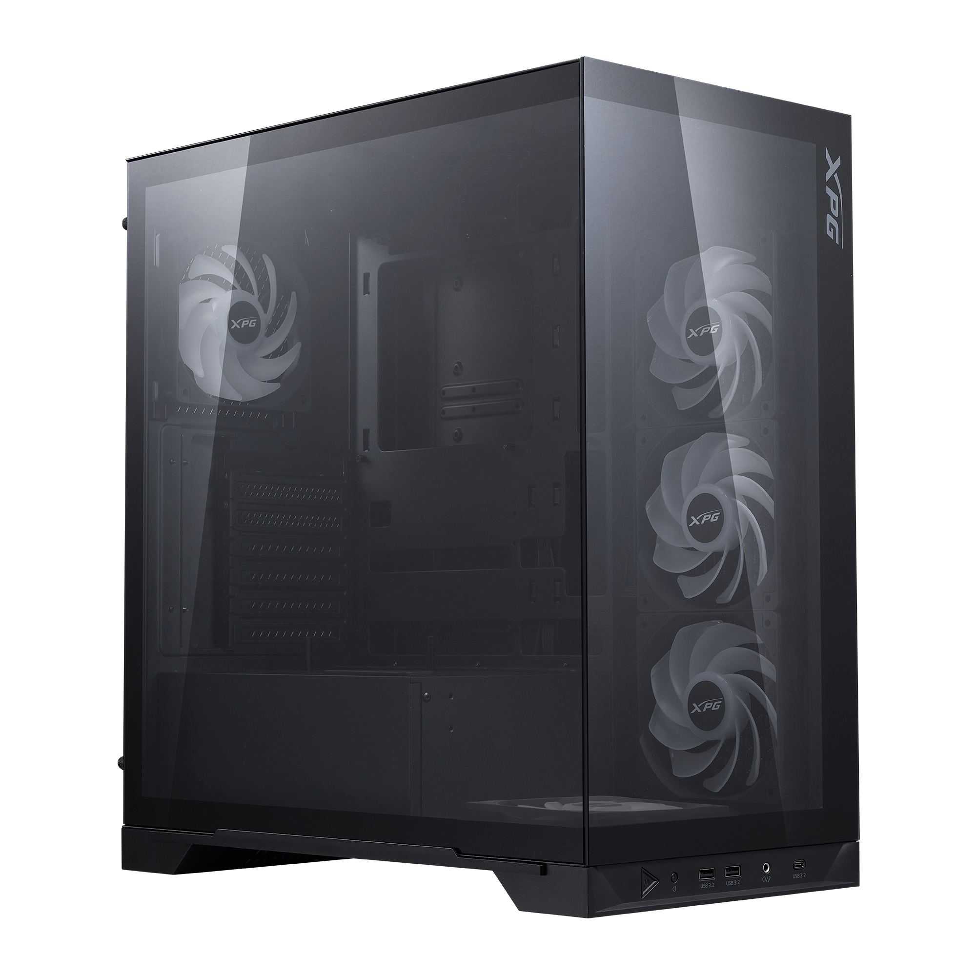 ADATA XPG INVADER X BTF вид слева без подсветки три вентилятора XPG передняя панель порты минималистичный