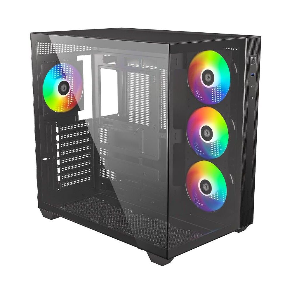ID-Cooling VIEW 510 ARGB вид сбоку три ARGB вентилятора на боковой панели компоненты видны через стекло