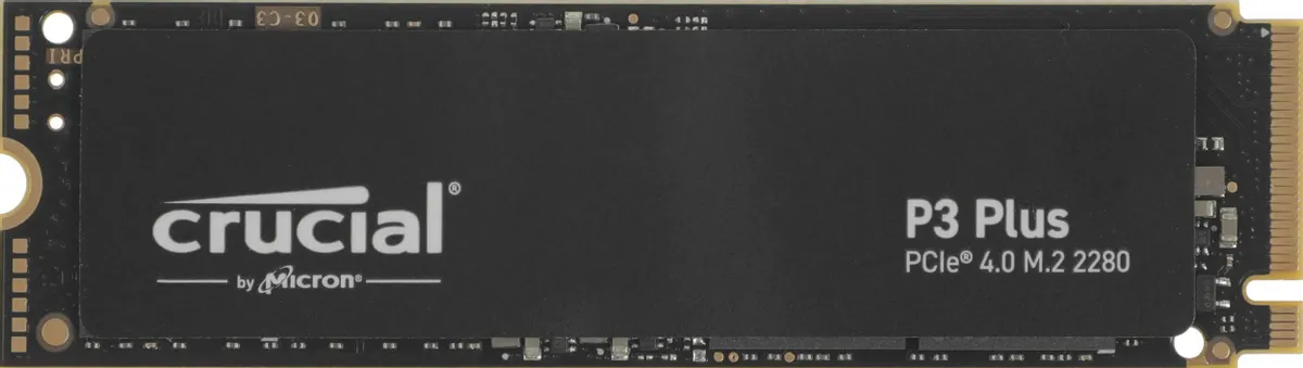 Crucial P3 Plus 2TB M.2 2280 PCIe 4.0 вид сверху чёрная плата с логотипом и спецификациями