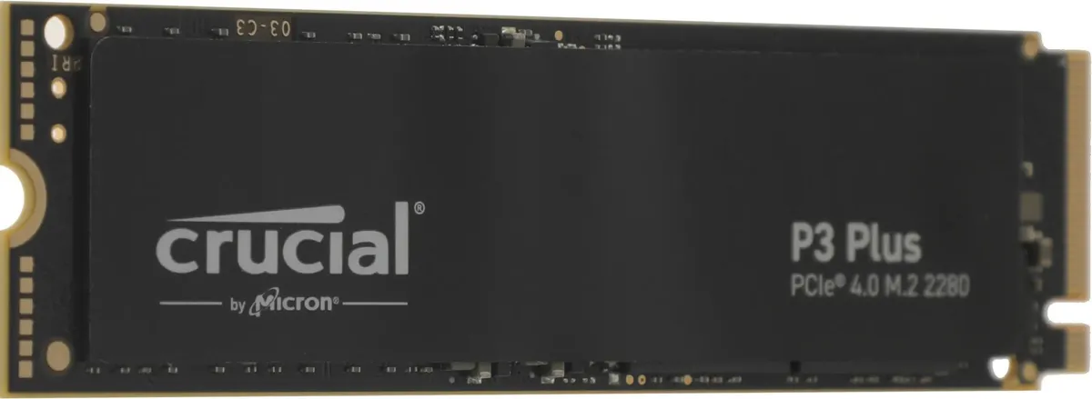 Crucial P3 Plus 2TB боковой профиль толщина 2.3 мм золотые контакты M.2 и чипы 3D NAND