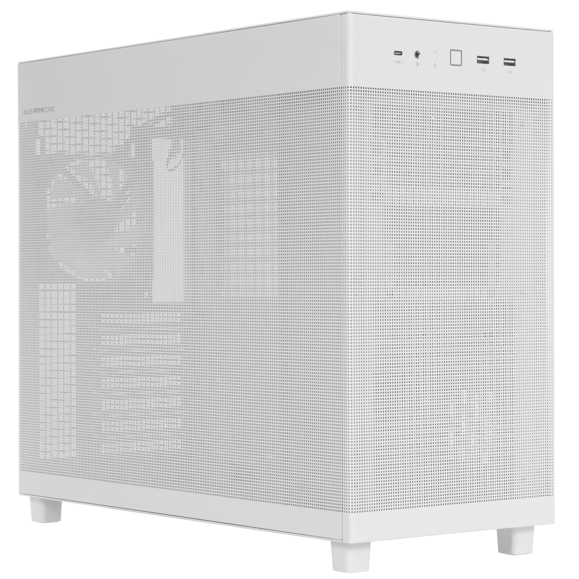 ASUS Prime AP303 Mesh вид спереди — перфорированная панель, порты USB Type-C и USB 3.0 на верхней панели