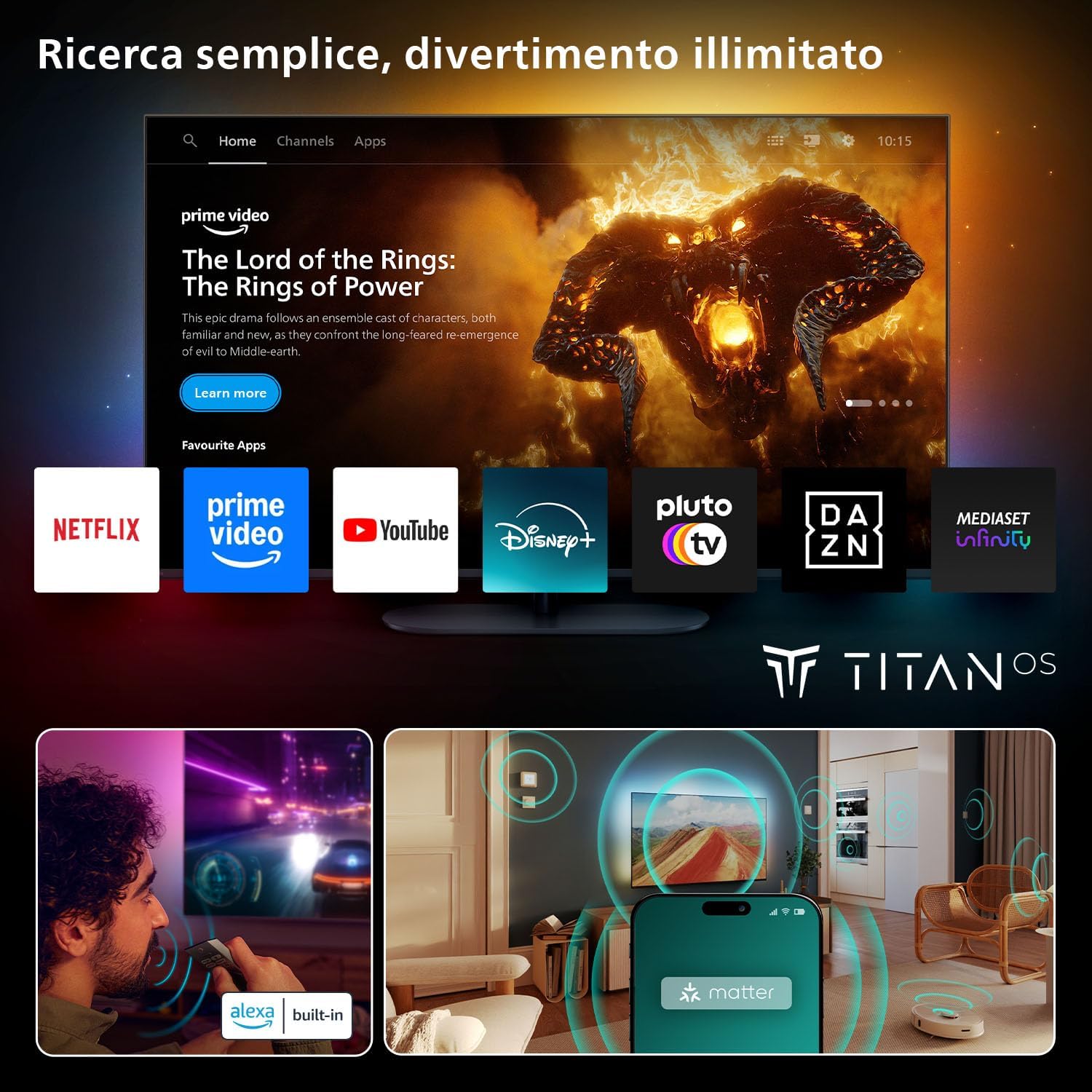 Philips 55OLED770 Smart TV интерфейс TITAN OS — Prime Video, Netflix, YouTube, Disney+, Pluto TV на главном экране