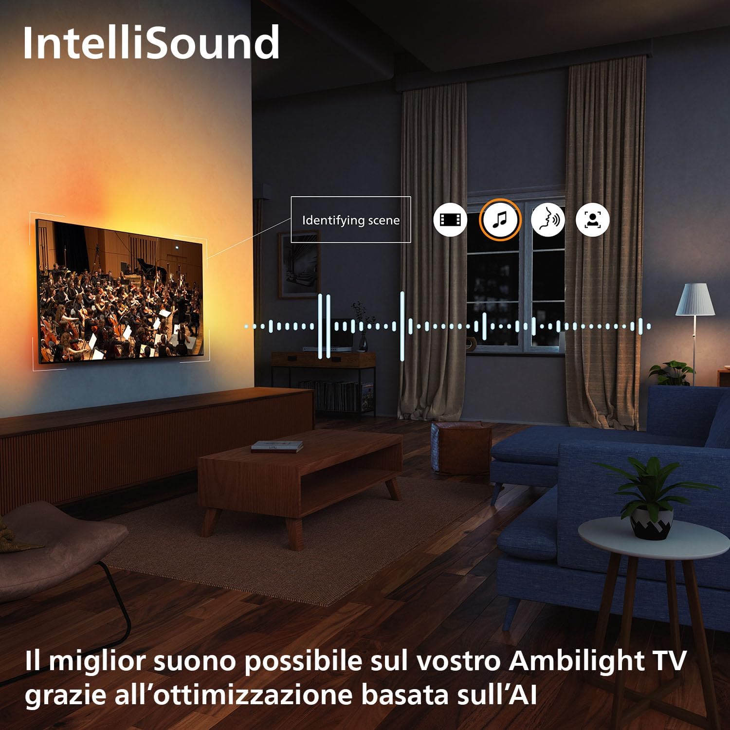Philips 55OLED770 IntelliSound система — режимы звука фильм, музыка, голос, люди в гостиной