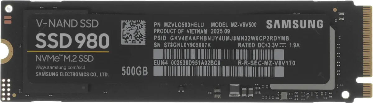 Samsung 980 500ГБ M.2 NVMe — вид сверху с чипами и логотипом