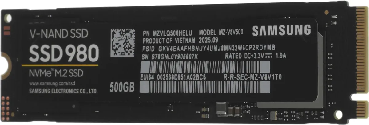 Samsung 980 500ГБ M.2 — маркировка модели и серийный номер на основной стороне