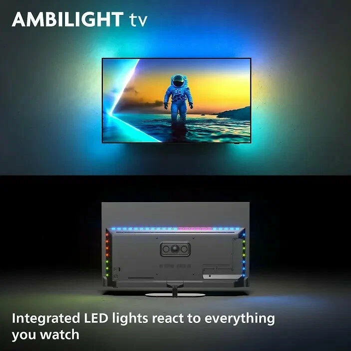 Philips 55OLED820 вид спереди с включённым Ambilight на подставке
