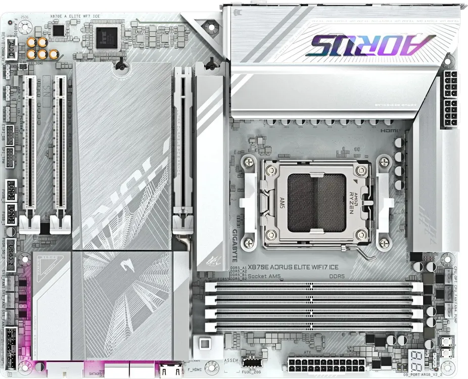 Gigabyte X870E Aorus Elite WiFi7 Ice задняя панель портов и разъёмы подсветки ARGB