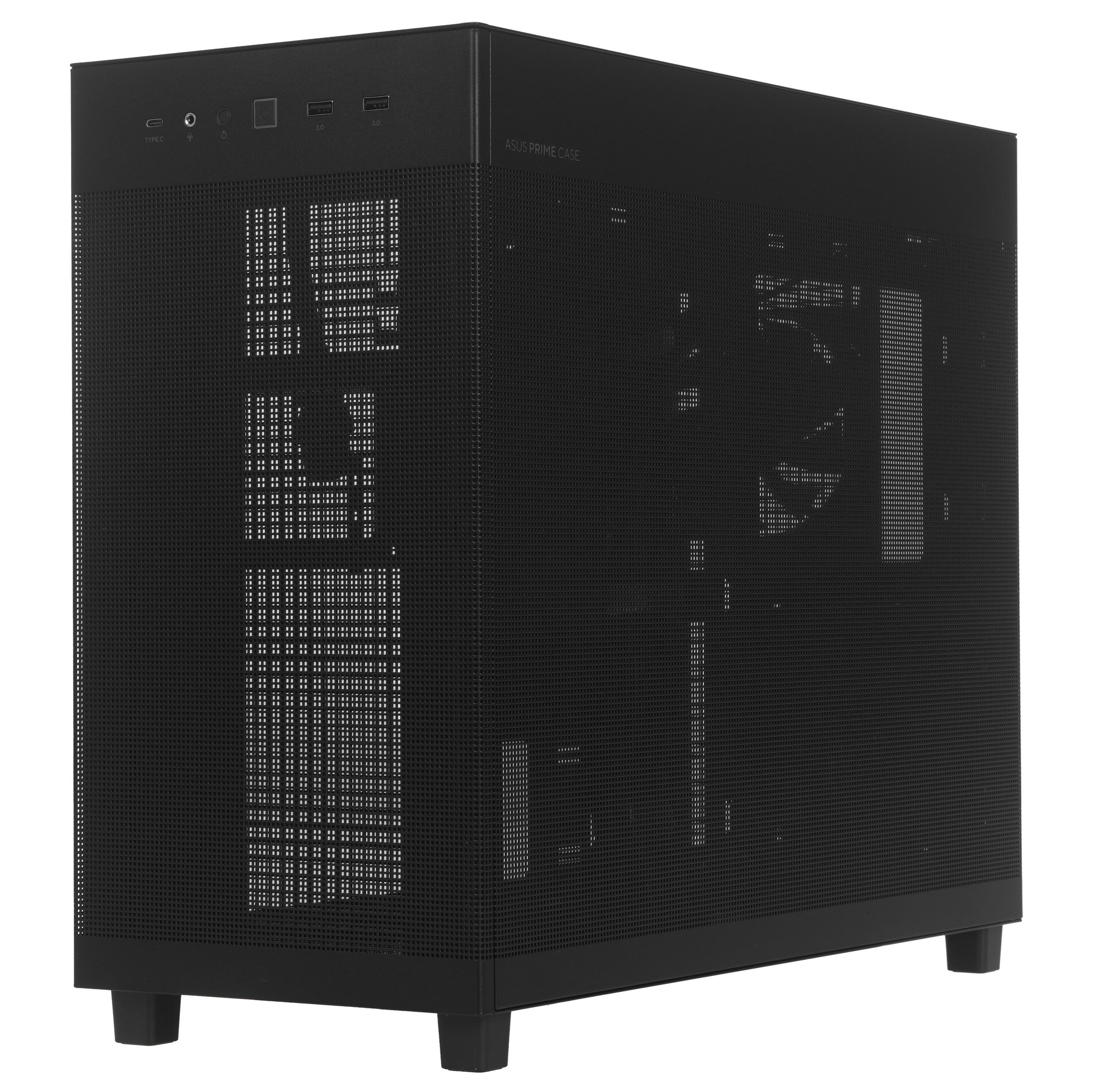 ASUS Prime AP303 TG вид спереди-сбоку, сетчатые панели и логотип PRIME CASE