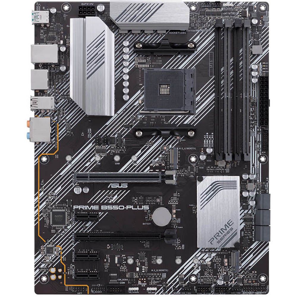 ASUS Prime B550-Plus вид сверху — процессорный разъём AM4, слоты DDR4, разъёмы питания и порты подключения