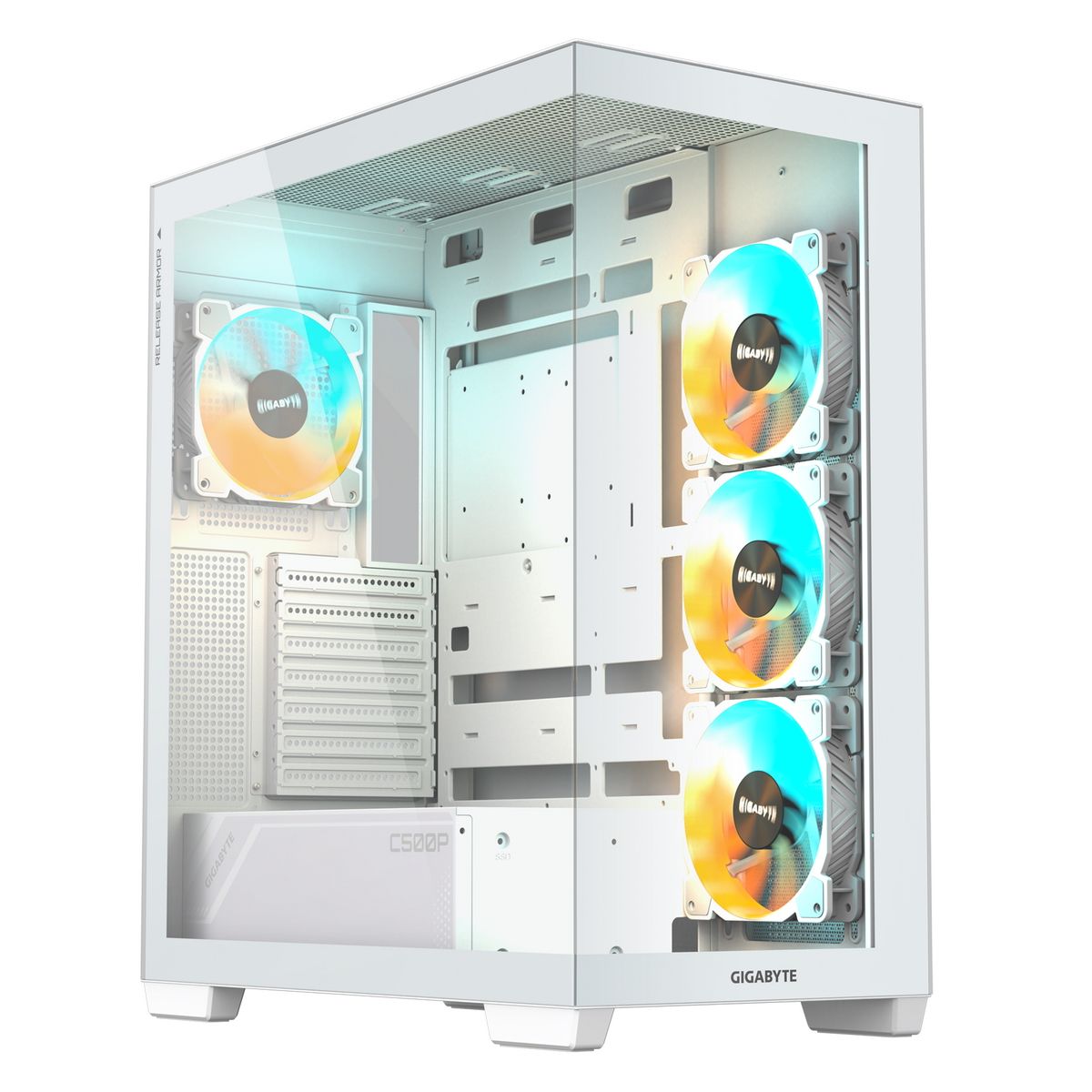 Gigabyte C500 PANORAMIC STEALTH ICE вид сбоку с открытой боковой панелью, система охлаждения с ARGB вентиляторами на боковой раме