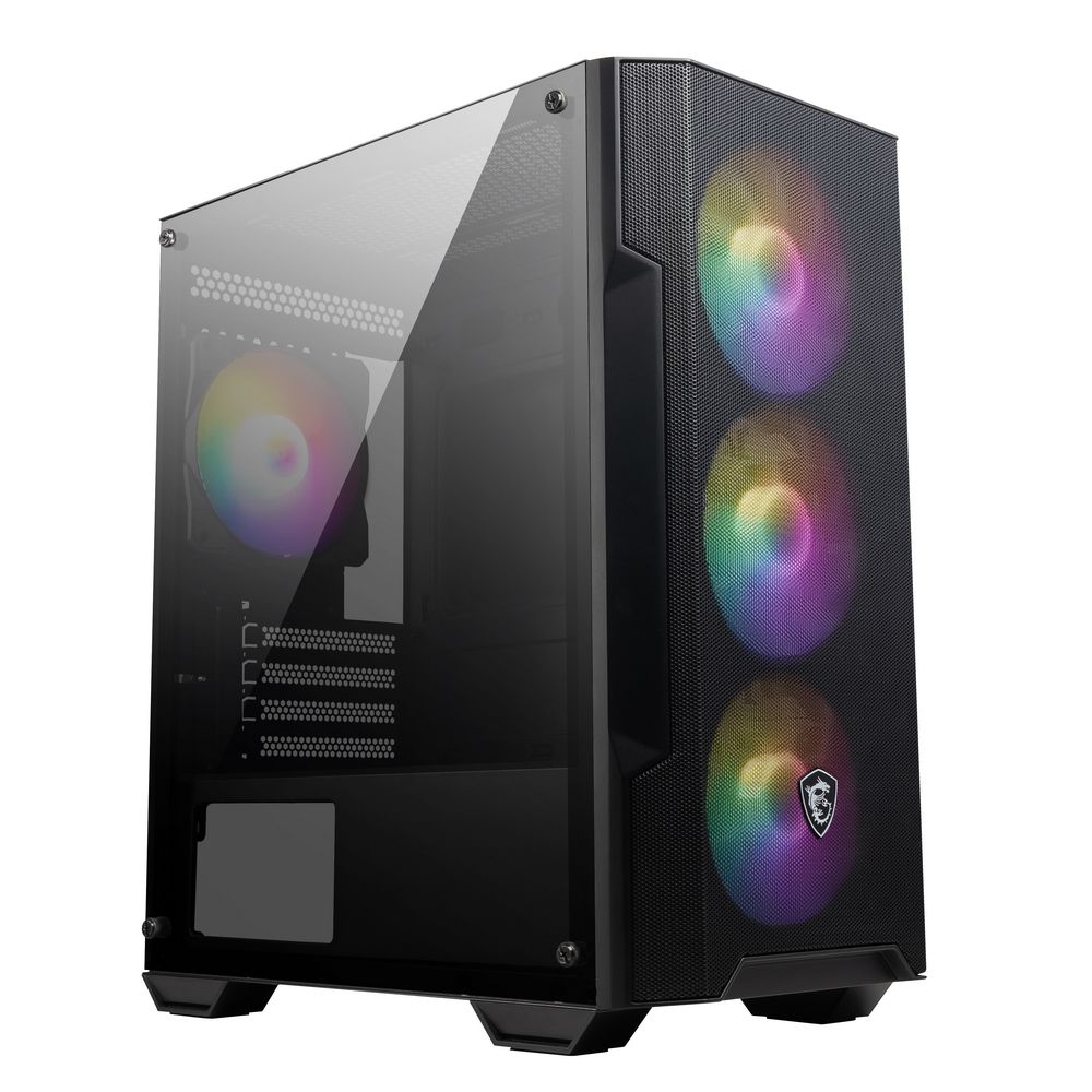 MSI MAG FORGE M100A вид спереди и сбоку, акриловое окно и три ARGB вентилятора