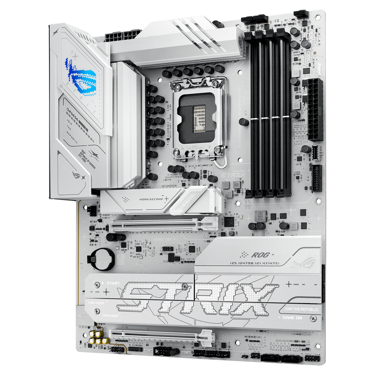 ASUS ROG Strix B860-A Gaming WiFi сокет LGA 1851 сверху — радиаторы VRM, слоты DDR5 и разъёмы M.2 с охлаждением