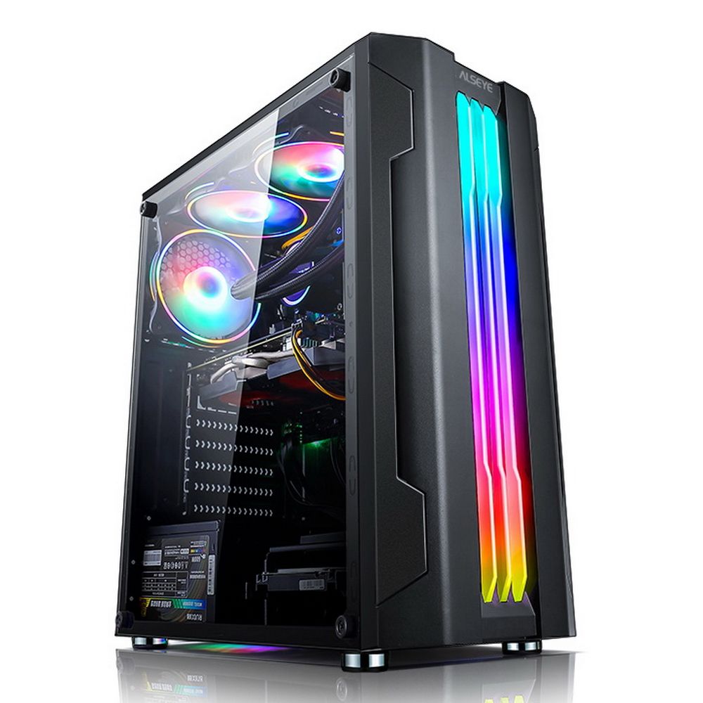 Alseye Auro 3.0-B вид спереди с RGB-подсветкой вентиляторов и прозрачной боковой панелью
