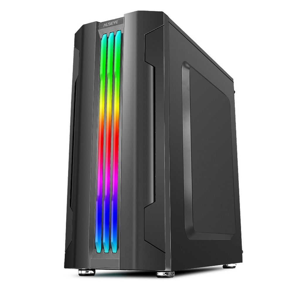 Alseye Auro 3.0-B вид сбоку с тремя RGB-вентиляторами и градиентной подсветкой, логотип ALSEYE на верхней панели