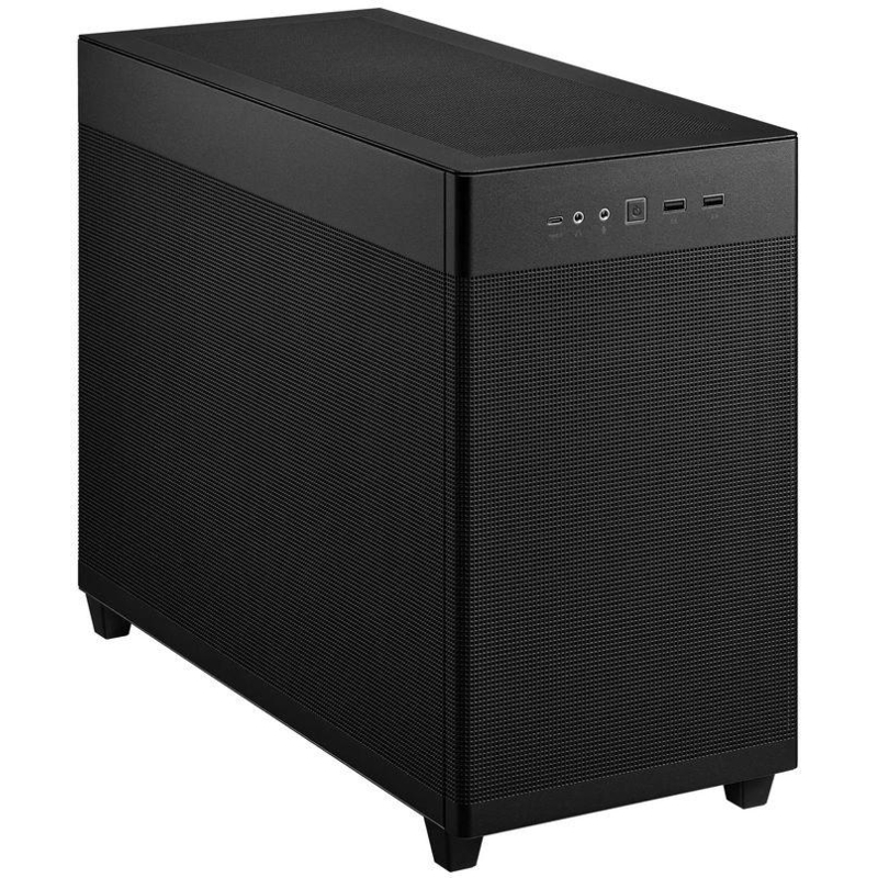 ASUS Prime AP201 вид сверху и спереди компактный корпус кубической формы с передней сеткой и портами на верхней панели