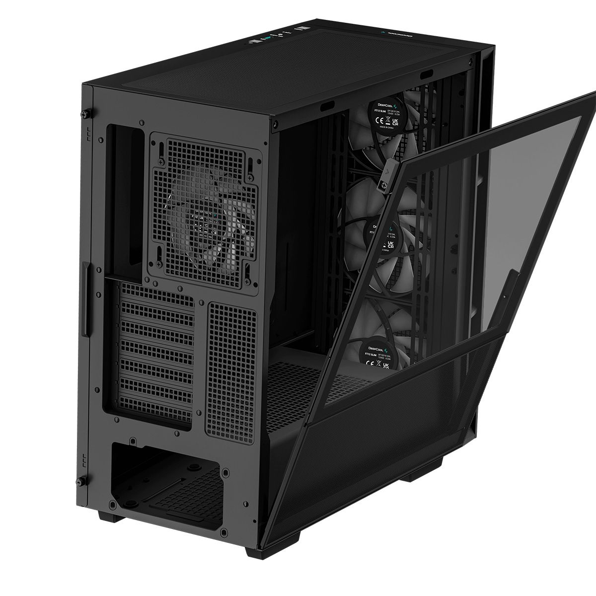 DeepCool CH560 вид сбоку — ARGB-вентиляторы и кабельная разводка за задней стенкой
