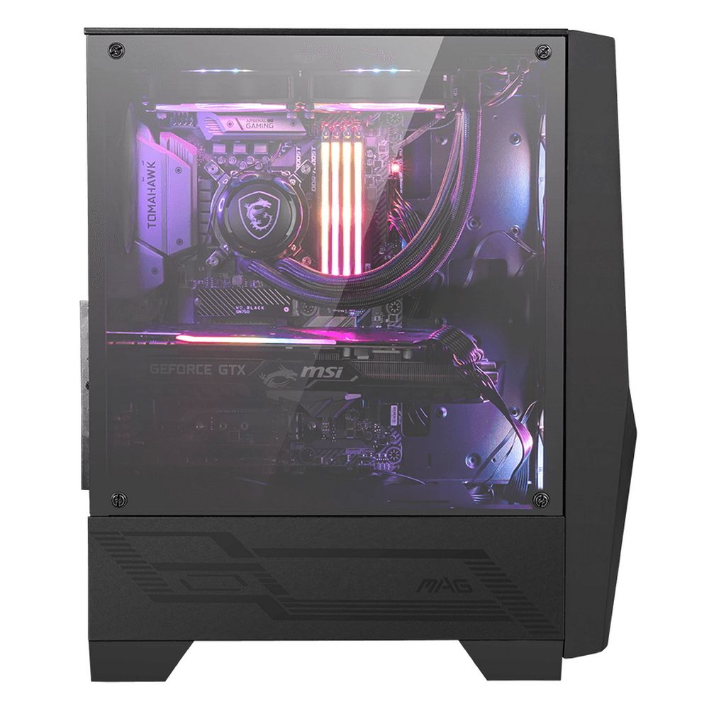 MSI MAG FORGE 100R внутреннее пространство через стеклянную панель с материнской платой MSI и ARGB подсветкой