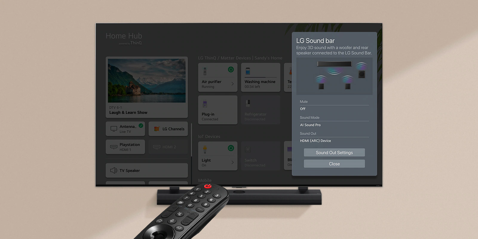 Пульт дистанционного управления направлен на телевизор LG&nbsp;TV, в правой части экрана которого отображаются настройки.