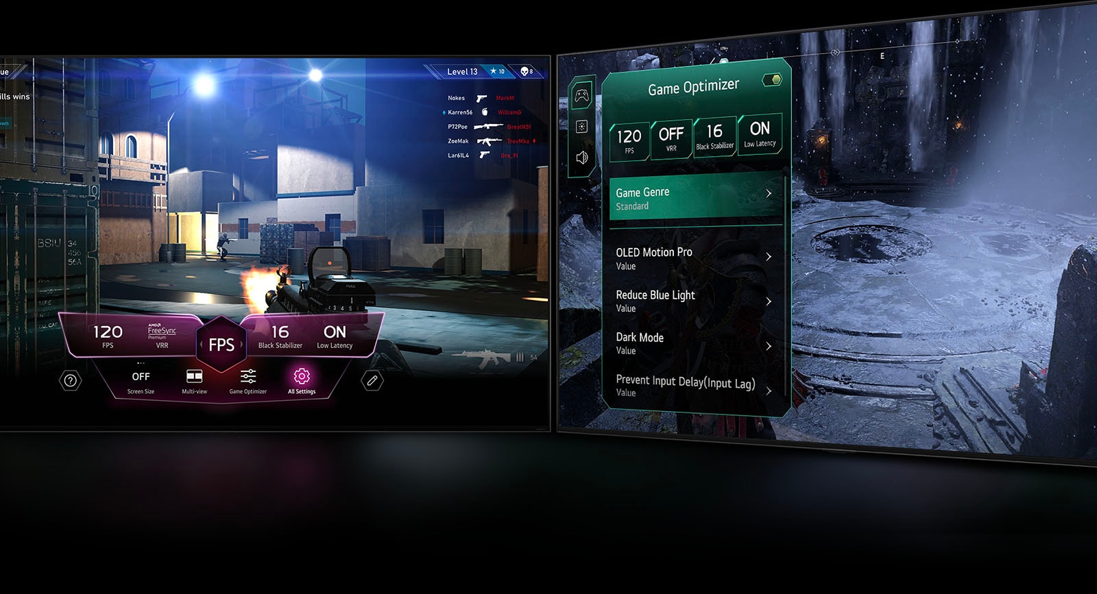 Сцена из шутера от первого лица с появлением меню Game&nbsp;Dashboard поверх экрана во время игрового процесса. Темная зимняя сцена с меню Game&nbsp;Optimizer, появляющимся поверх игры.