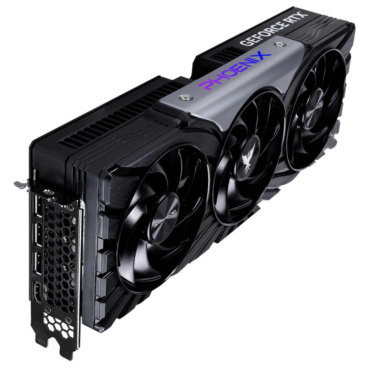 Gainward RTX 5070 Ti PHOENIX вид в перспективе — три вентилятора охлаждения, порты DisplayPort и HDMI