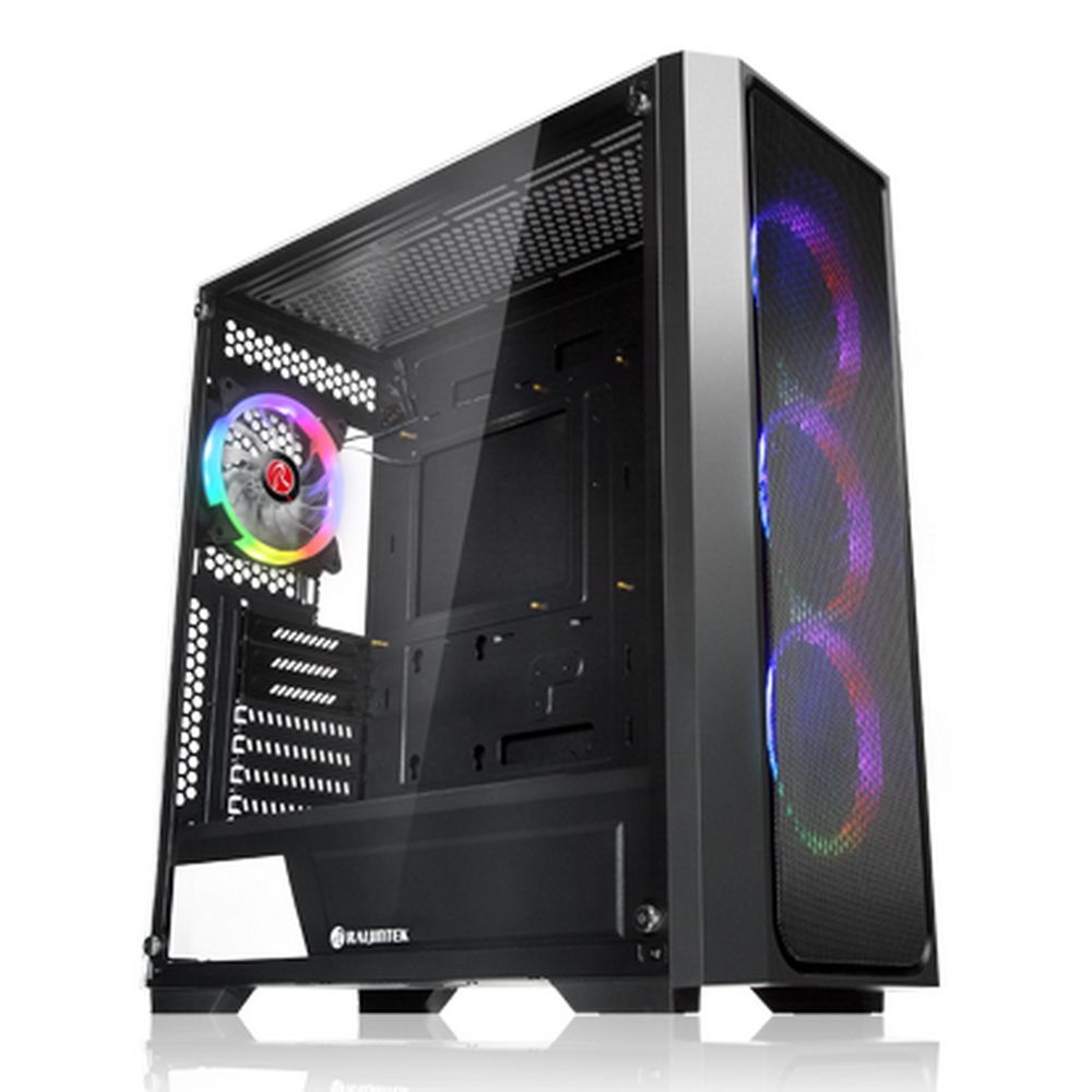 Raijintek PONOS MS4 вид спереди с ARGB-подсветкой вентиляторов и закалённым стеклом