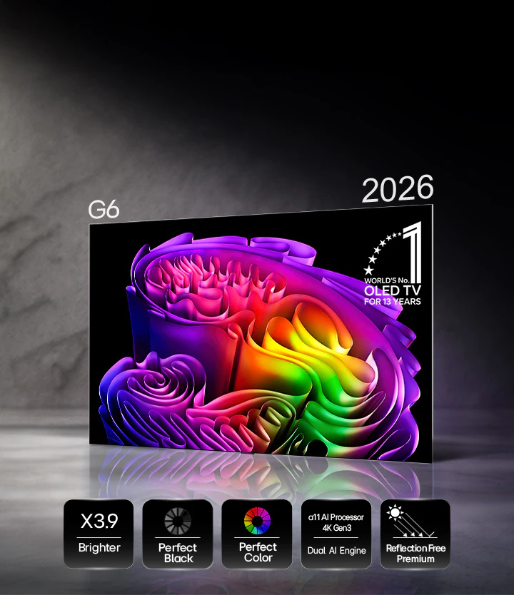 LG OLED48G6 вид спереди — OLED evo панель серии Gallery 2026 с процессором α11 Gen 3 и технологиями Perfect Black и Perfect Color