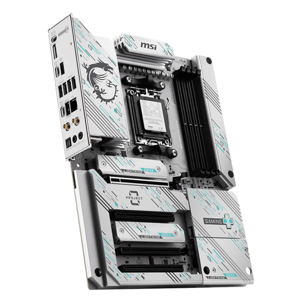 MSI B850 Gaming Plus Wifi Pz — вид спереди: сокет AM5, радиатор VRM, слоты DDR5, белый дизайн с графикой дракона