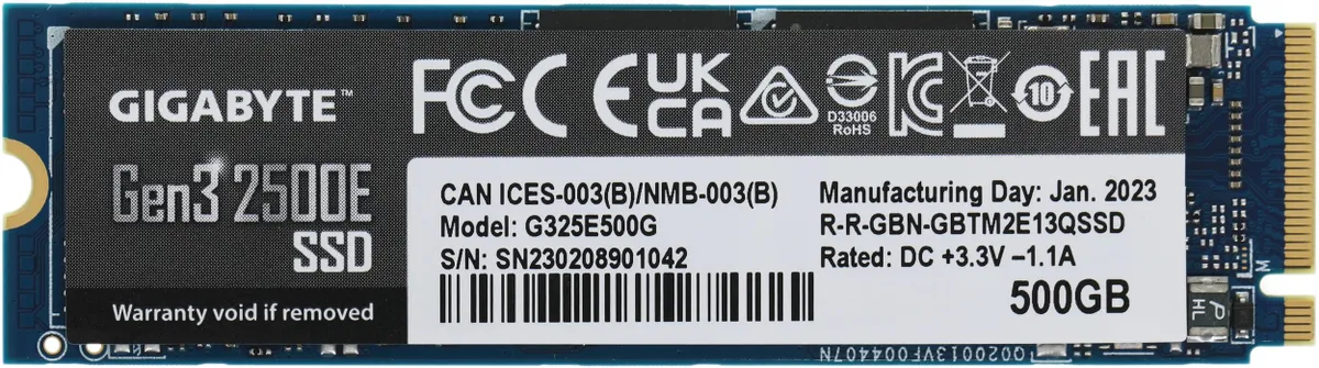 Gigabyte G325E500G 500GB лицевая сторона характеристики сертификаты FCC CE