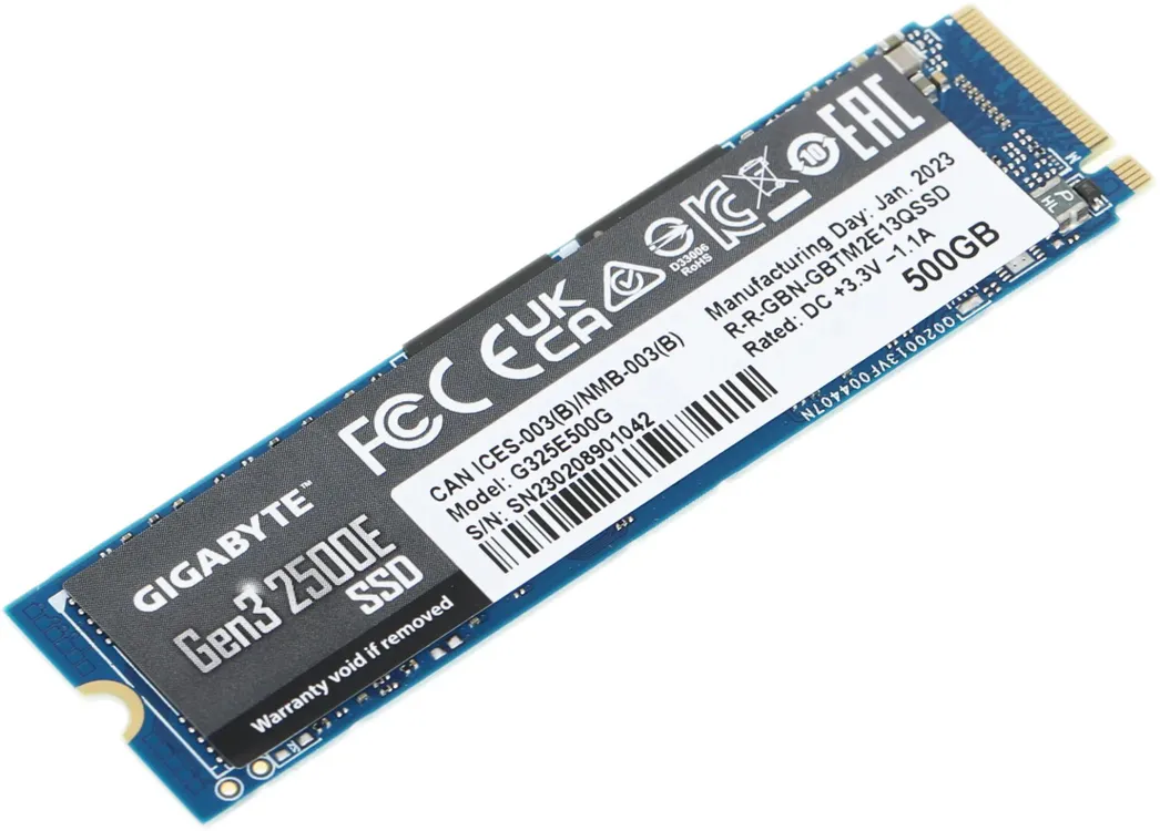 Gigabyte G325E500G SSD M.2 NVMe PCIe 3.0 вид под углом синяя плата золотые контакты