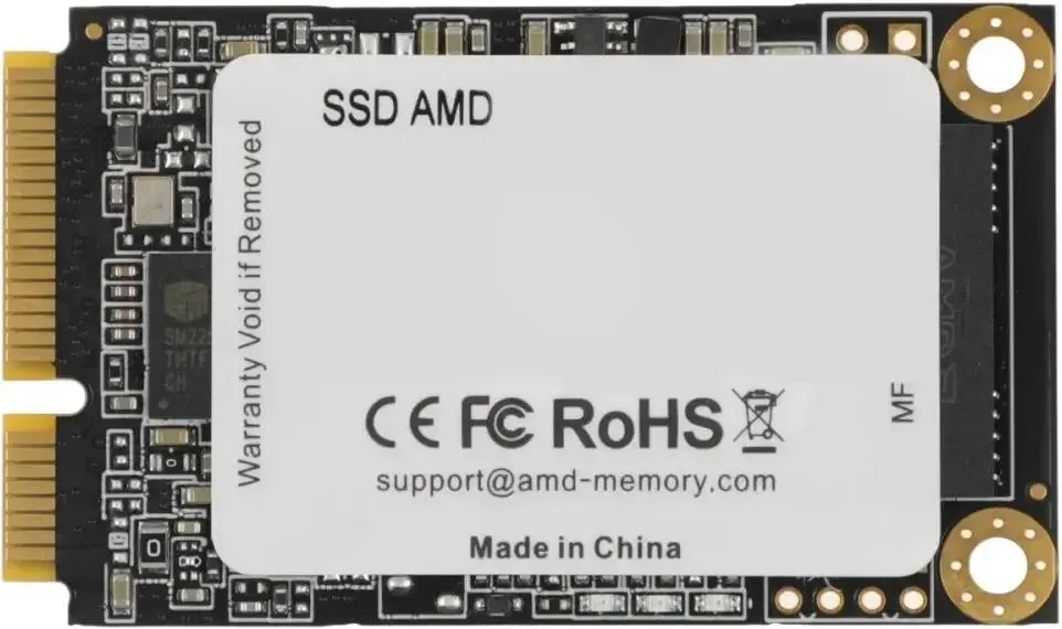 AMD Radeon R3MS0256G5 256 ГБ mSATA вид спереди — плата с компонентами и сертификация CE FCC RoHS