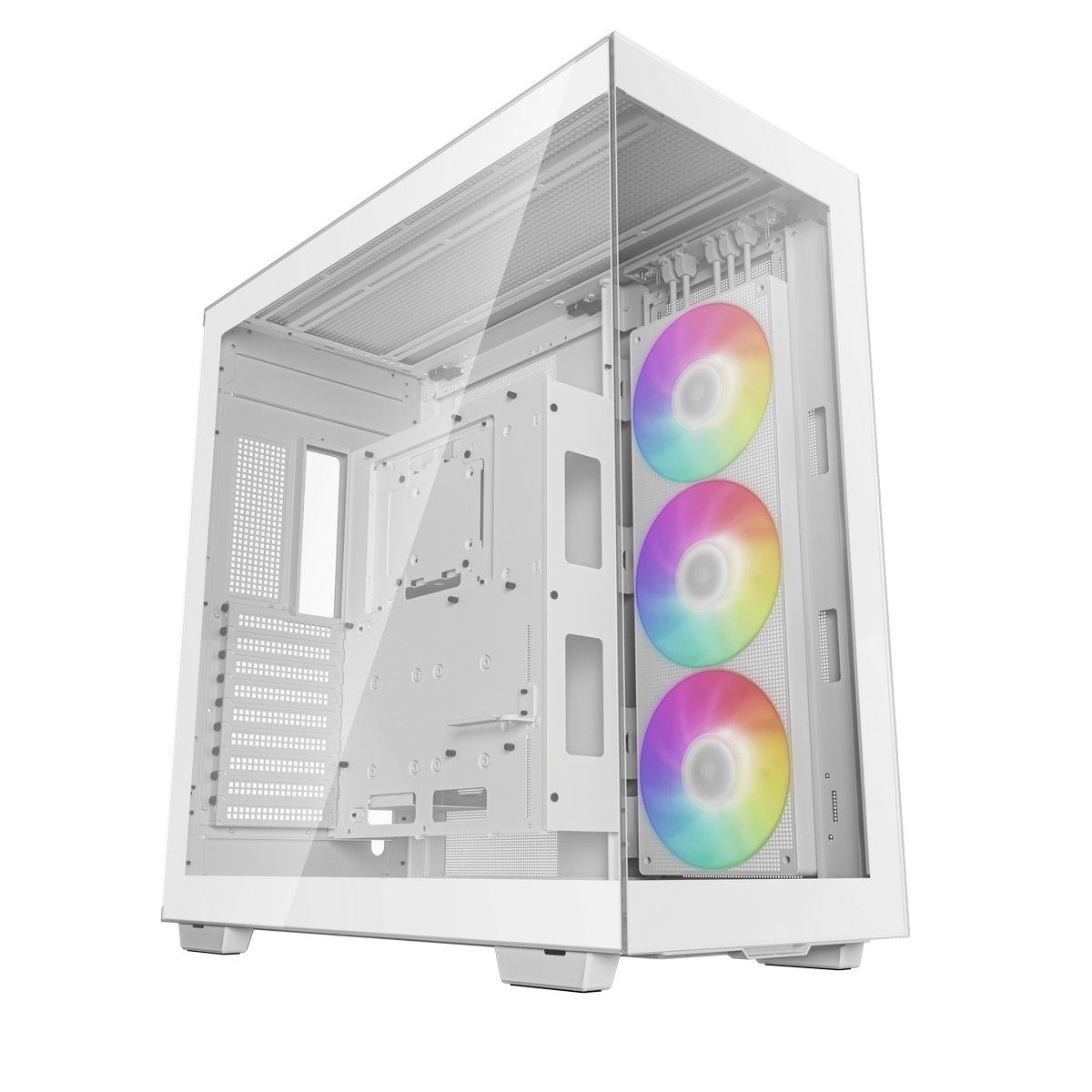 DeepCool CH780 белый боковой вид с прозрачной панелью и тремя ARGB-вентиляторами
