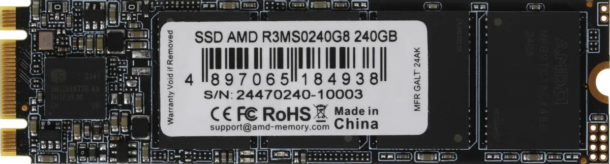 AMD Radeon R3MS0240G8 240GB M.2 2280 SATA SSD вид сверху с этикеткой и разъёмом