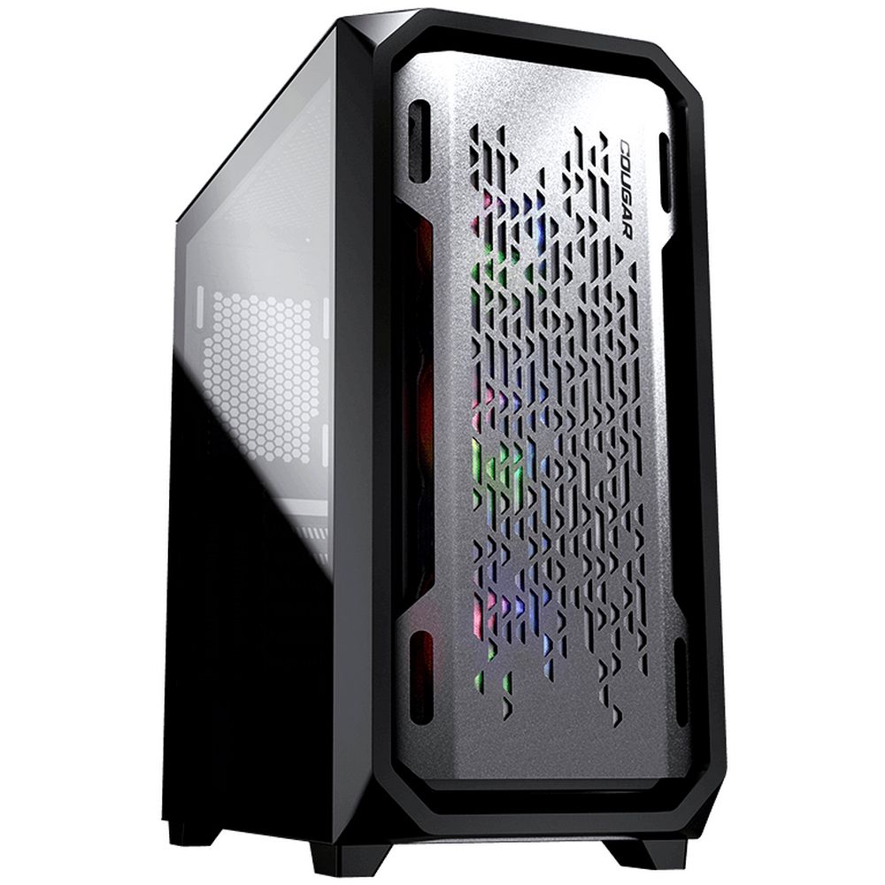 Cougar MX620 RGB вид спереди-сбоку с ARGB-подсветкой вентиляторов и прозрачной боковой панелью