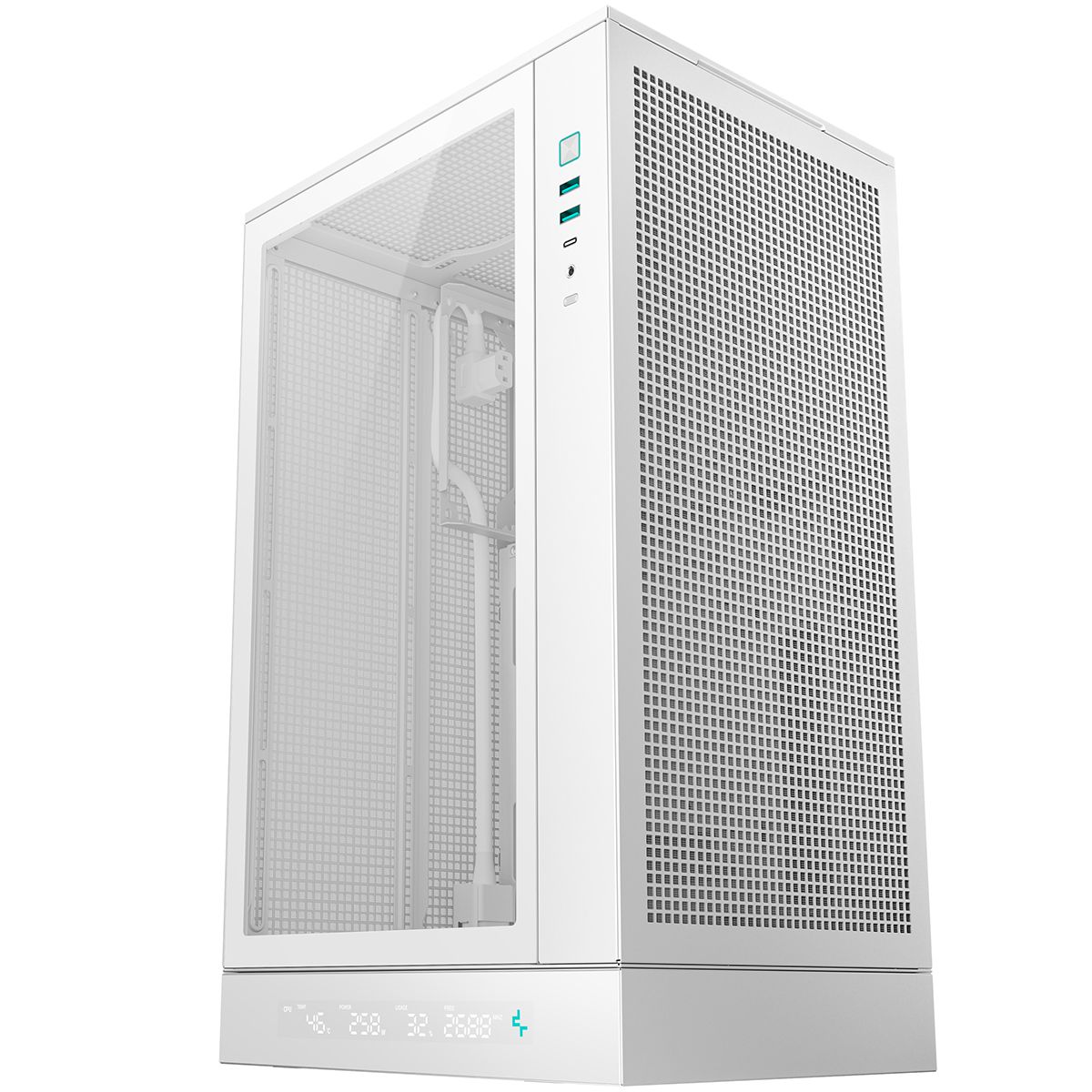 DeepCool CH270 DIGITAL WH боковая панель из закалённого стекла — видны внутренние компоненты и кабельное управление