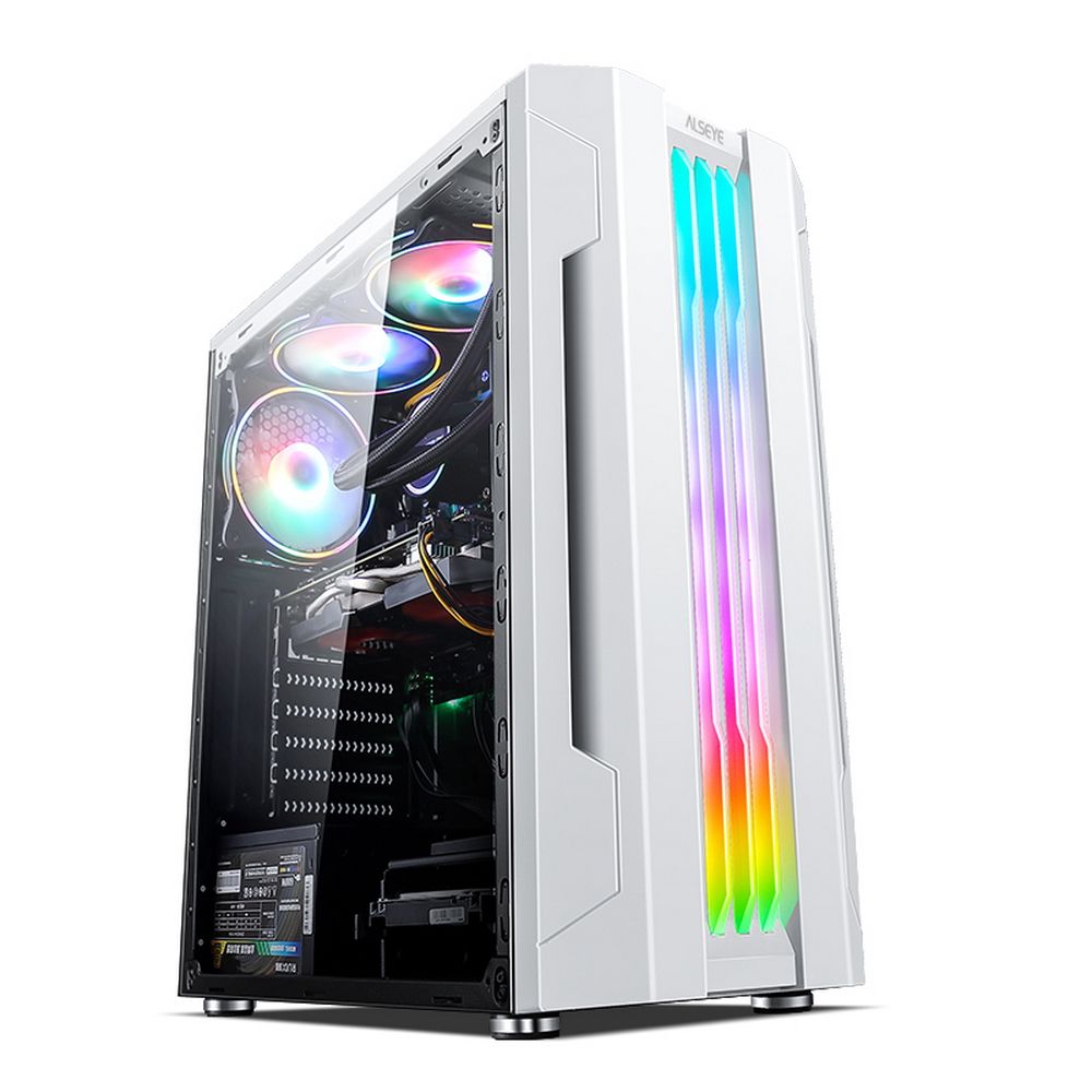 Alseye Auro 3.0-W вид спереди-сбоку с прозрачной панелью и RGB подсветкой вентиляторов