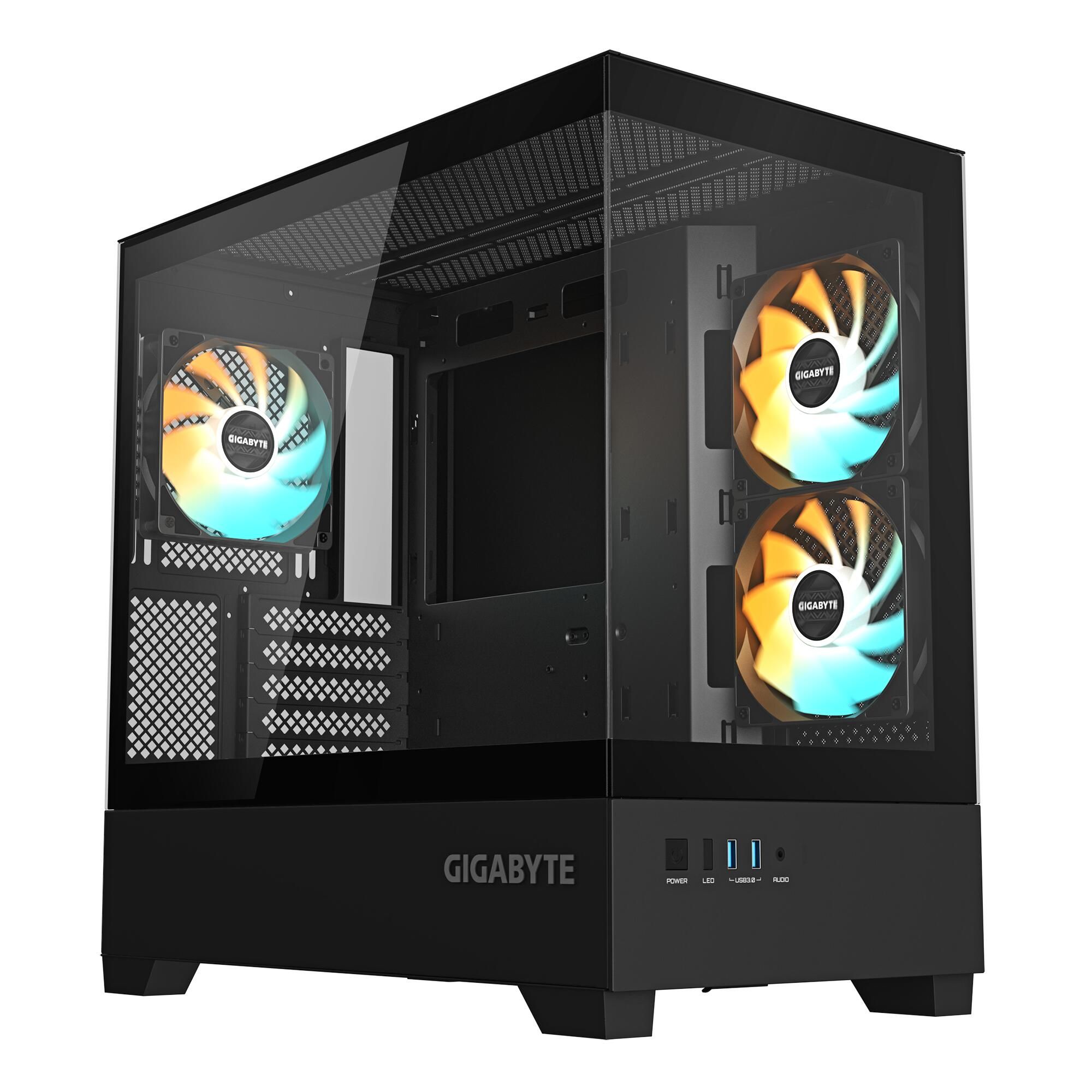 Gigabyte C201 Panoramic угловой вид спереди с ARGB вентиляторами и стеклянной боковой панелью