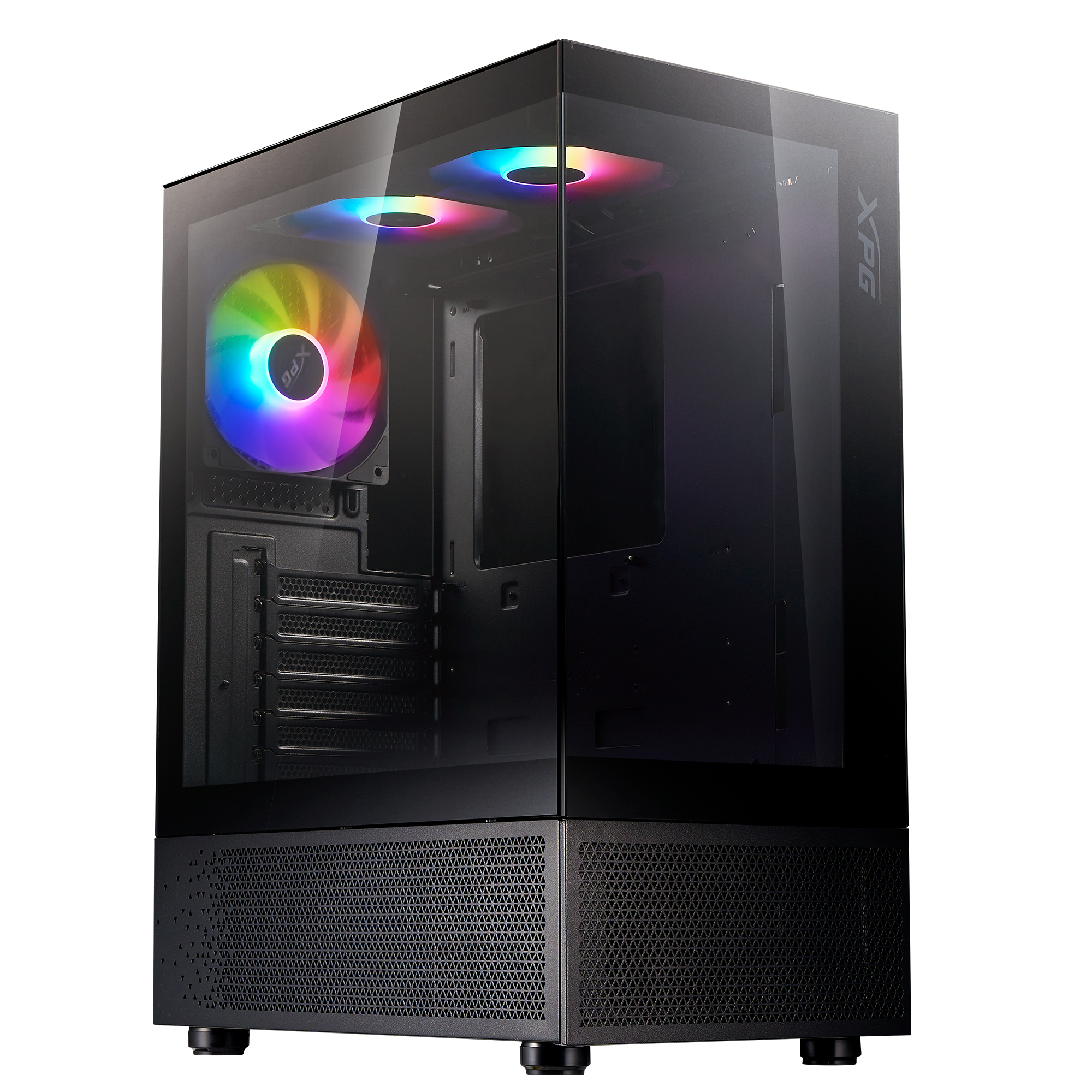 ADATA XPG INVADER X MINI вид спереди с ARGB-подсветкой вентиляторов и сетчатым нижним воздухозаборником
