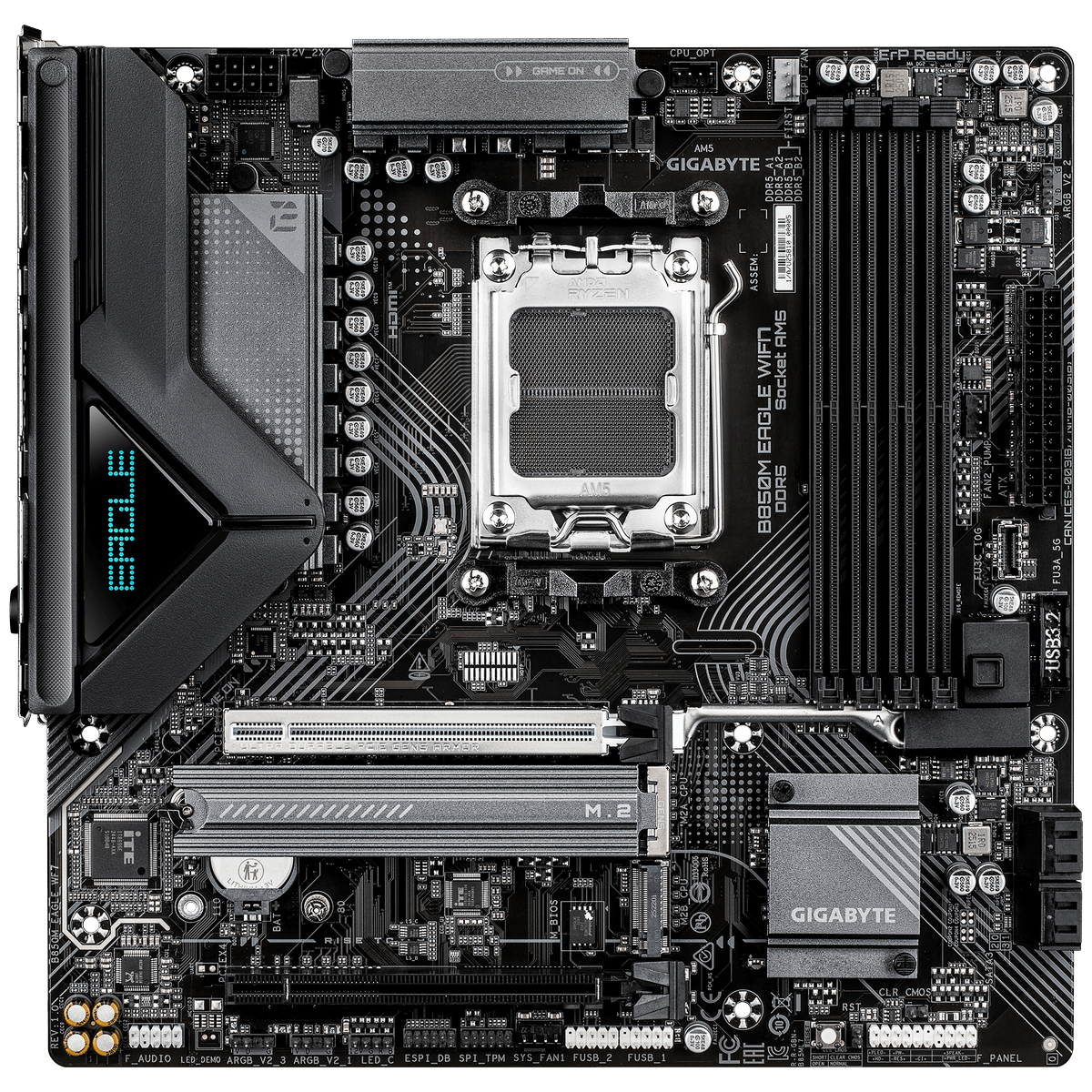Gigabyte B850M Eagle WiFi7 вид сверху — сокет AM5, слоты DDR5, три M.2 и система охлаждения VRM