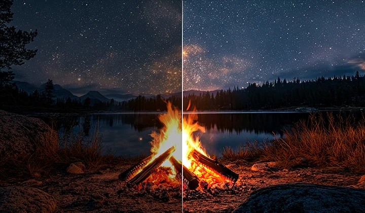 Сцена запуска ракеты &mdash; сравнение с Brightness Booster Ultimate и без: яркая чёткая половина против тёмной выцветшей